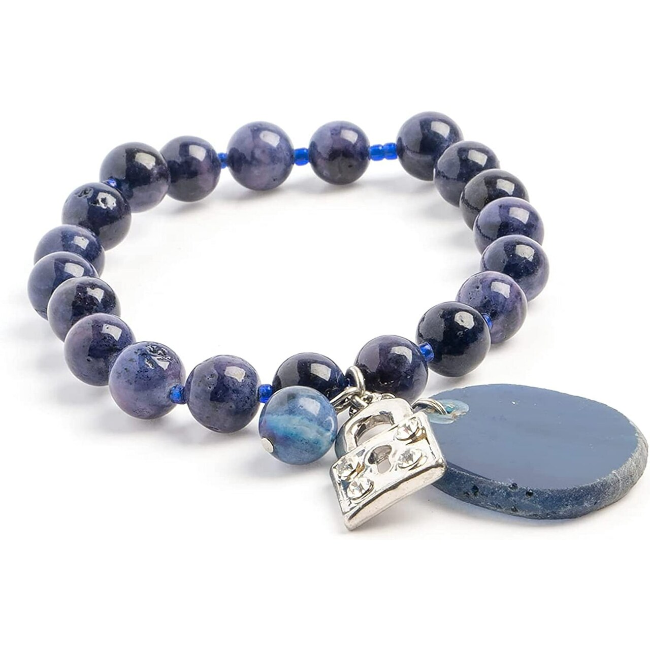 Earth's Jewels Semi-Precious Jasper Sodalite Natural Blue Gemstone Bracelet, Agate & Lock Charm